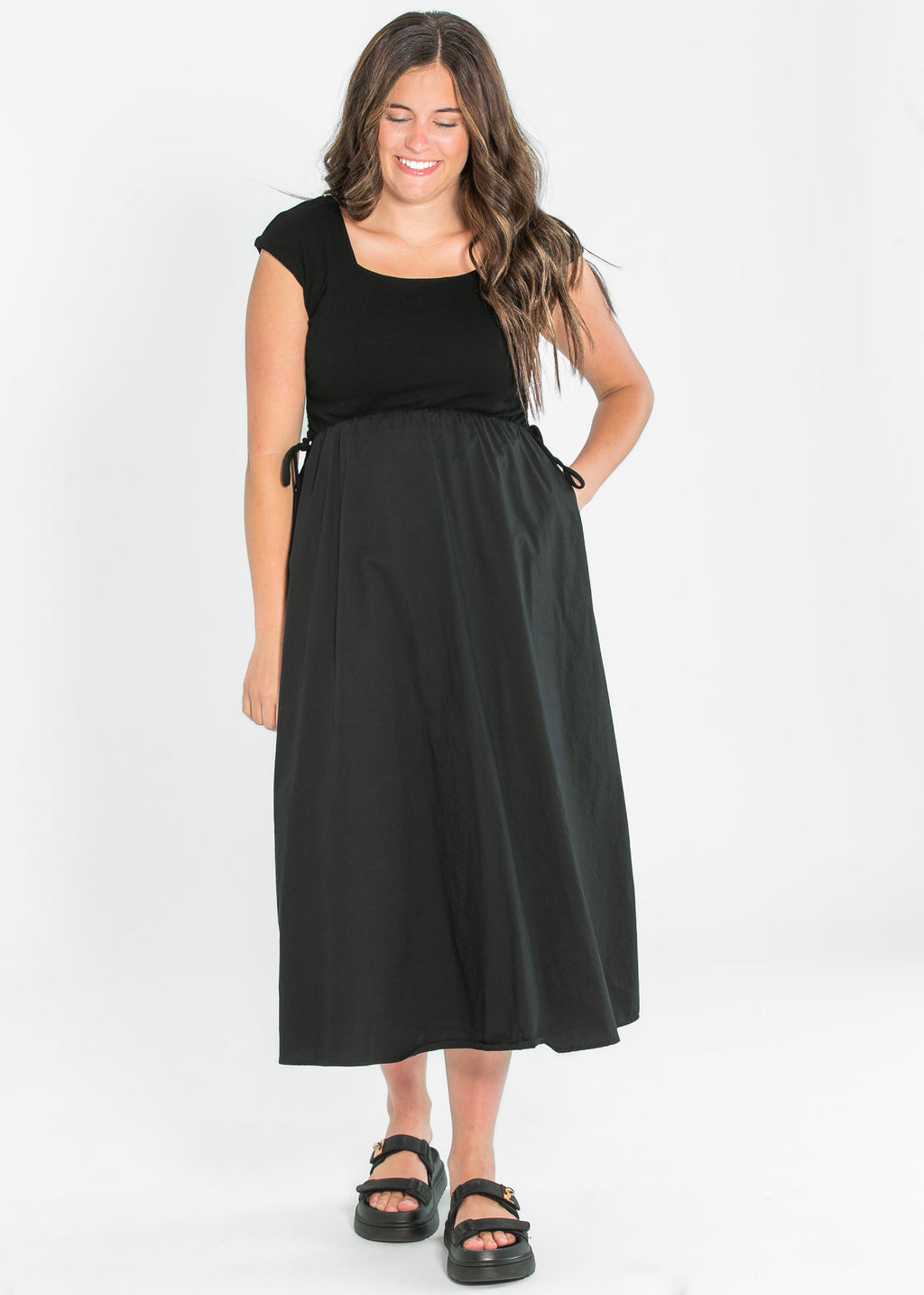 Inherit Co. Eleanor Black A-line Maxi Dress — detail close-up