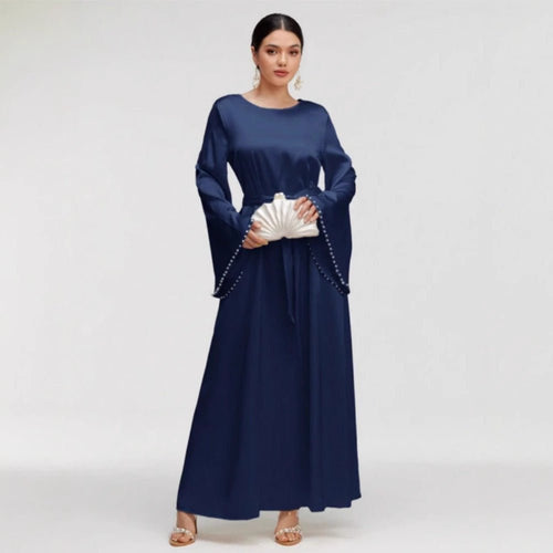 Elegant Beaded Pear Long Sleeve Maxi Dress Abaya with Flared Cuffs & Waist Tie (MA200)