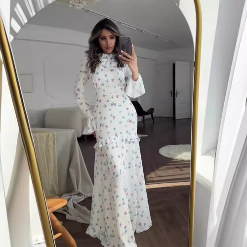 Elegant Bell Sleeve Romantic White Floral Ruffle Maxi Gown Abaya with Cascading Hem (MA226)