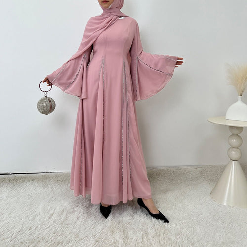 Elegant Chiffon Abaya Set with Hijab | Round Neck Bell Sleeve Maxi Dress with Rhinestone Trim (MA325)