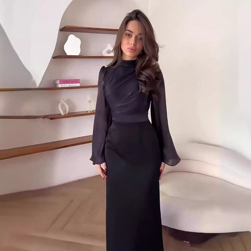 Elegant Half-Turtleneck Flared Sleeve French Pleated Dress Abaya (MA198)