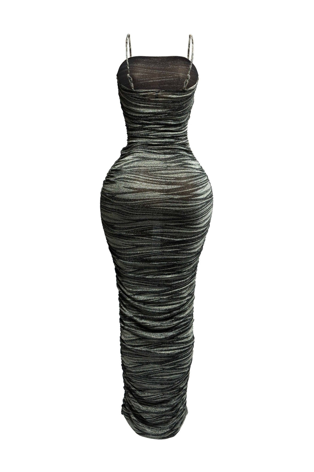 Metallic Ruched Maxi Dress – Sparkly Bodycon Evening Dress with Adjustable Straps