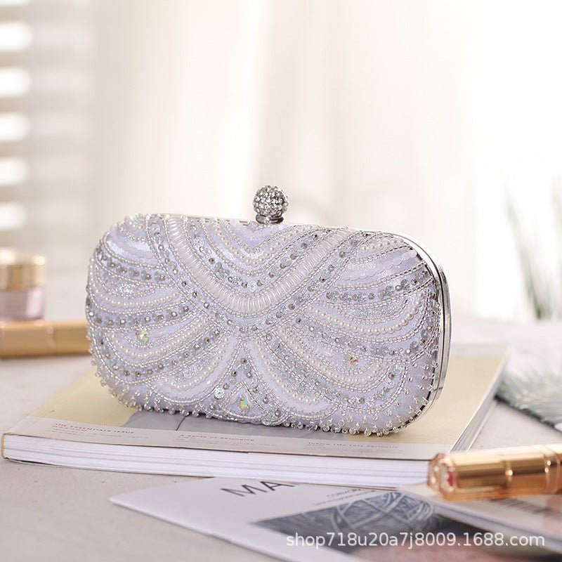 Mariam's Collection Elegant Pearl-Embellished Clutch Evening Bag for Weddings & Parties (MAC278) — Mariam's Collection branding close-up
