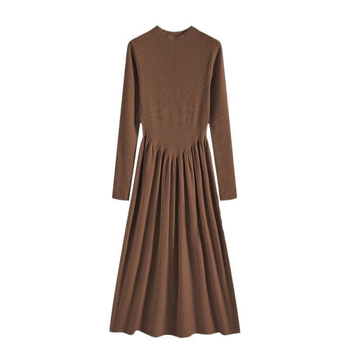 Elegant Ribbed Knit Maxi Dress | Mock Neck A-Line Sweater Dress (MS173)