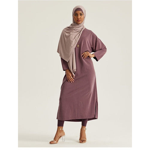 Round Neck Drop Shoulder Maxi Dress - Solid Color Modest Abaya with Side Slits (MA309)
