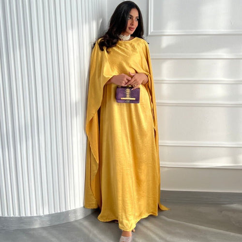 Elegant Royal Satin Abaya Dress | Modest Cape Sleeve Maxi Robe with Luxurious Draping(MA289)
