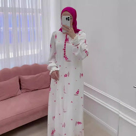 Elegant Ruffle Sleeve Romantic Pink Floral Maxi Dress Modest Gown Abaya (MA227)