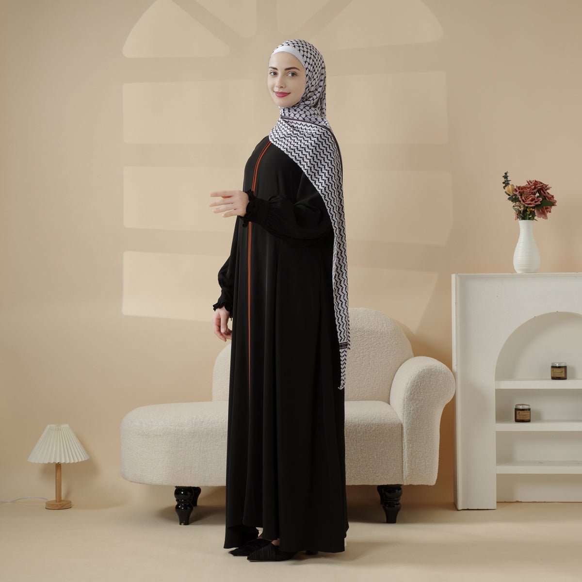 Mariam's Collection Modest Pullover Abaya with Palestinian Embroidery, Elegant Ruffled Cuff Maxi Dress (MA141) — Mariam's Collection branding close-up