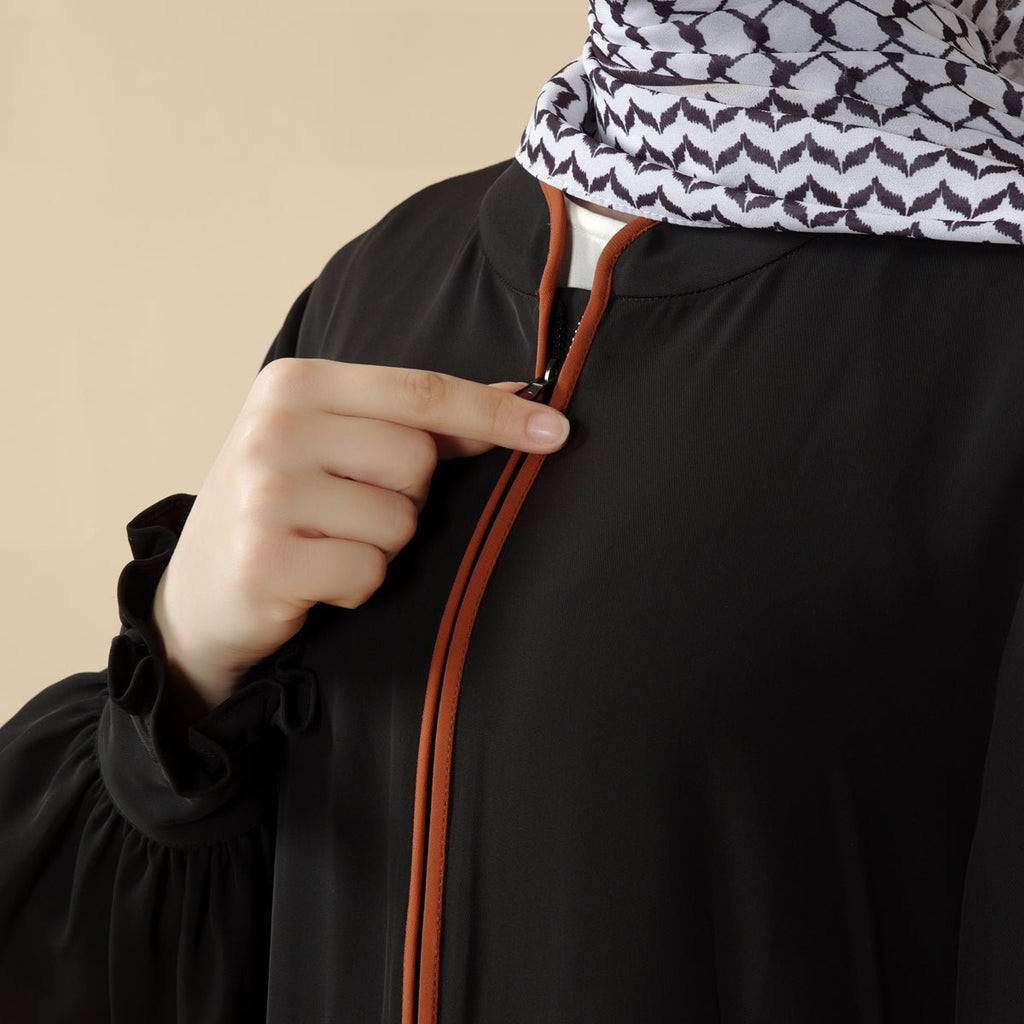 Mariam's Collection Modest Pullover Abaya with Palestinian Embroidery, Elegant Ruffled Cuff Maxi Dress (MA141) — construction detail