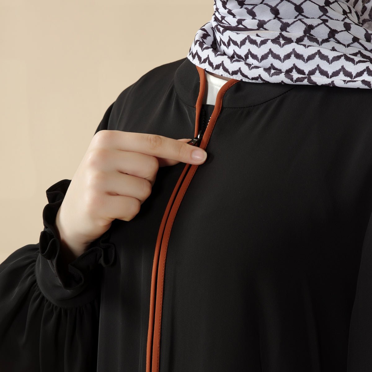 Mariam's Collection Modest Pullover Abaya with Palestinian Embroidery, Elegant Ruffled Cuff Maxi Dress (MA141) — construction detail