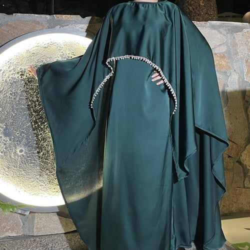 Elegant Satin Abaya with Rhinestone Cape | Luxurious Modest Evening Dress (MA327)