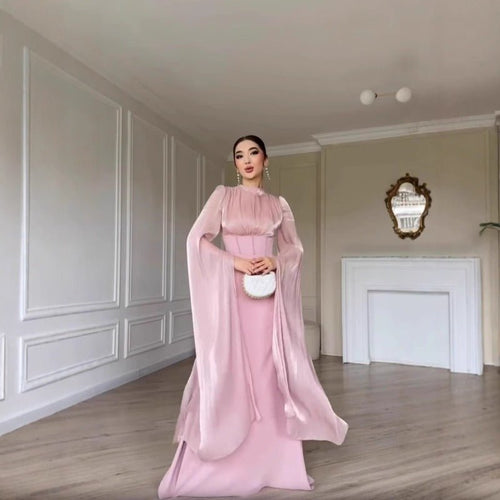 Elegant Swinging Sleeve Silk Satin Abaya Dress | High Waist Modest Maxi Dress with Back Strap Detail(MA295)