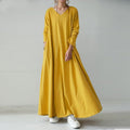 Elegant V-Neck Long Sleeve Maxi Dress | Loose Fit Cotton Blend Dress with Hidden Pockets(MA314)