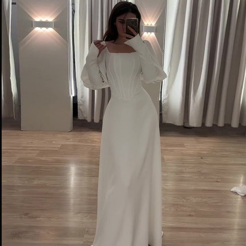 Elegant White Square Neck Long Sleeve Bubble Sleeve Modest Dress Abaya  (MA228)