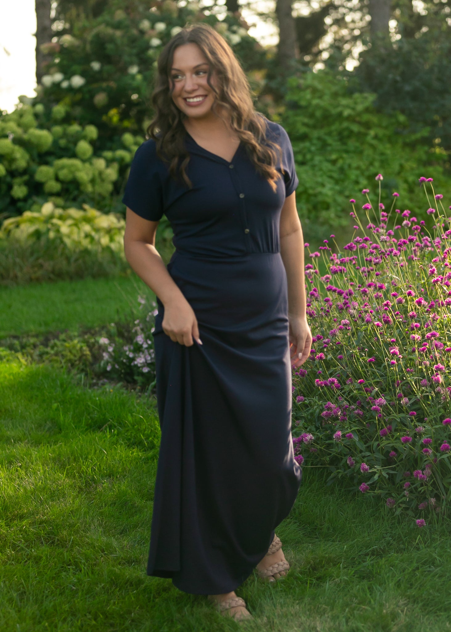 Inherit Co. Ella Navy Cinched Waist Maxi Dress — fabric or material detail