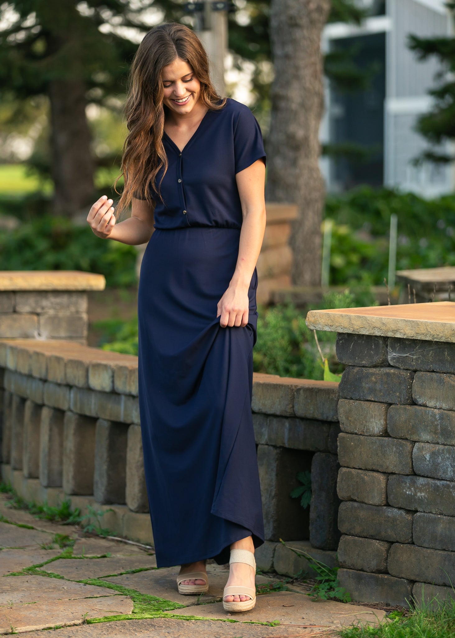 Inherit Co. Ella Navy Cinched Waist Maxi Dress — size reference