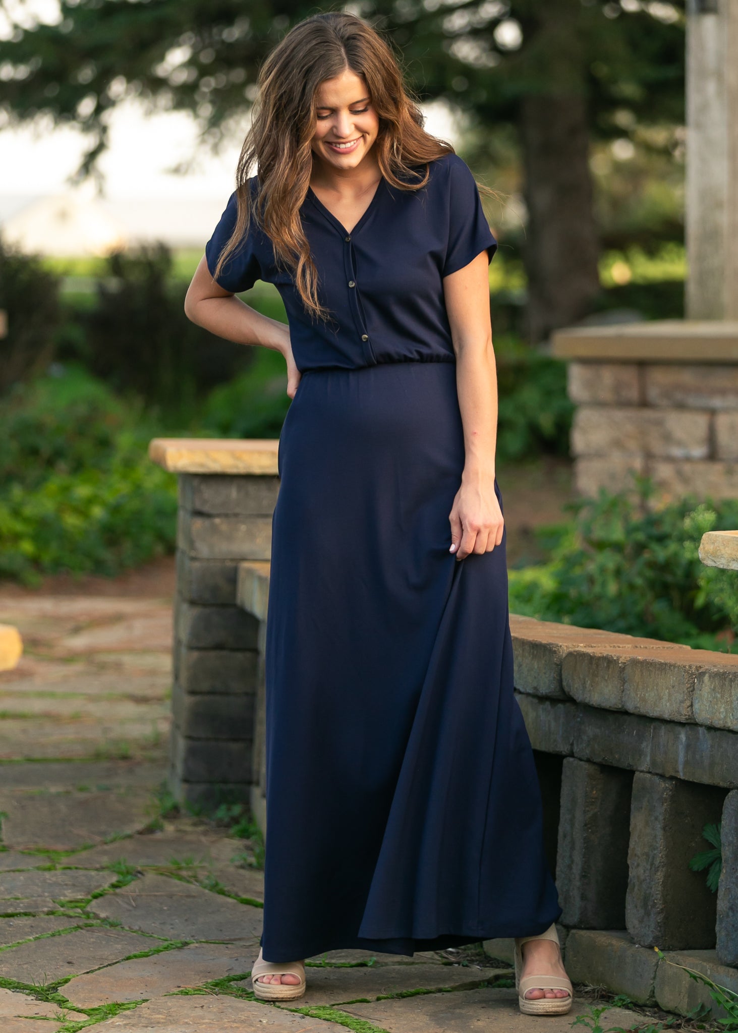 Inherit Co. Ella Navy Cinched Waist Maxi Dress — in-use photo