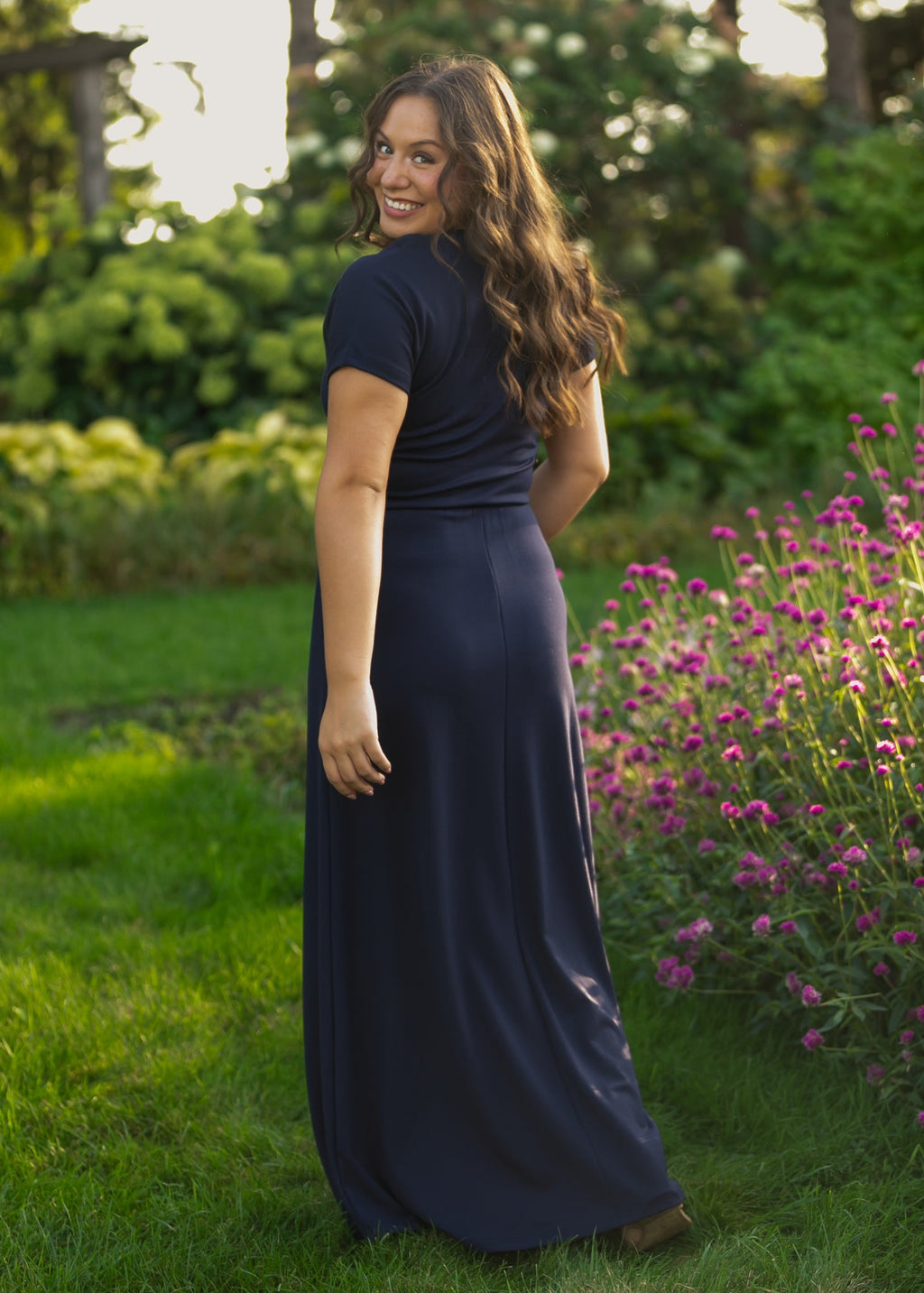 Inherit Co. Ella Navy Cinched Waist Maxi Dress — product on model