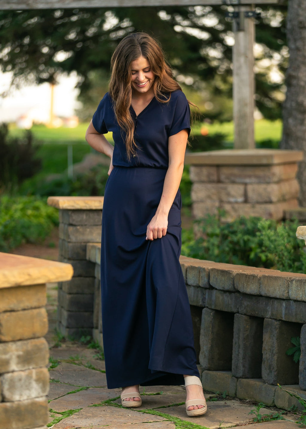 Inherit Co. Ella Navy Cinched Waist Maxi Dress — lifestyle context