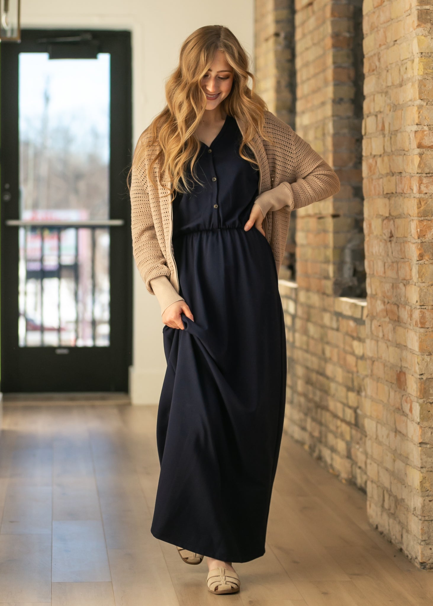 Inherit Co. Ella Navy Cinched Waist Maxi Dress — side view