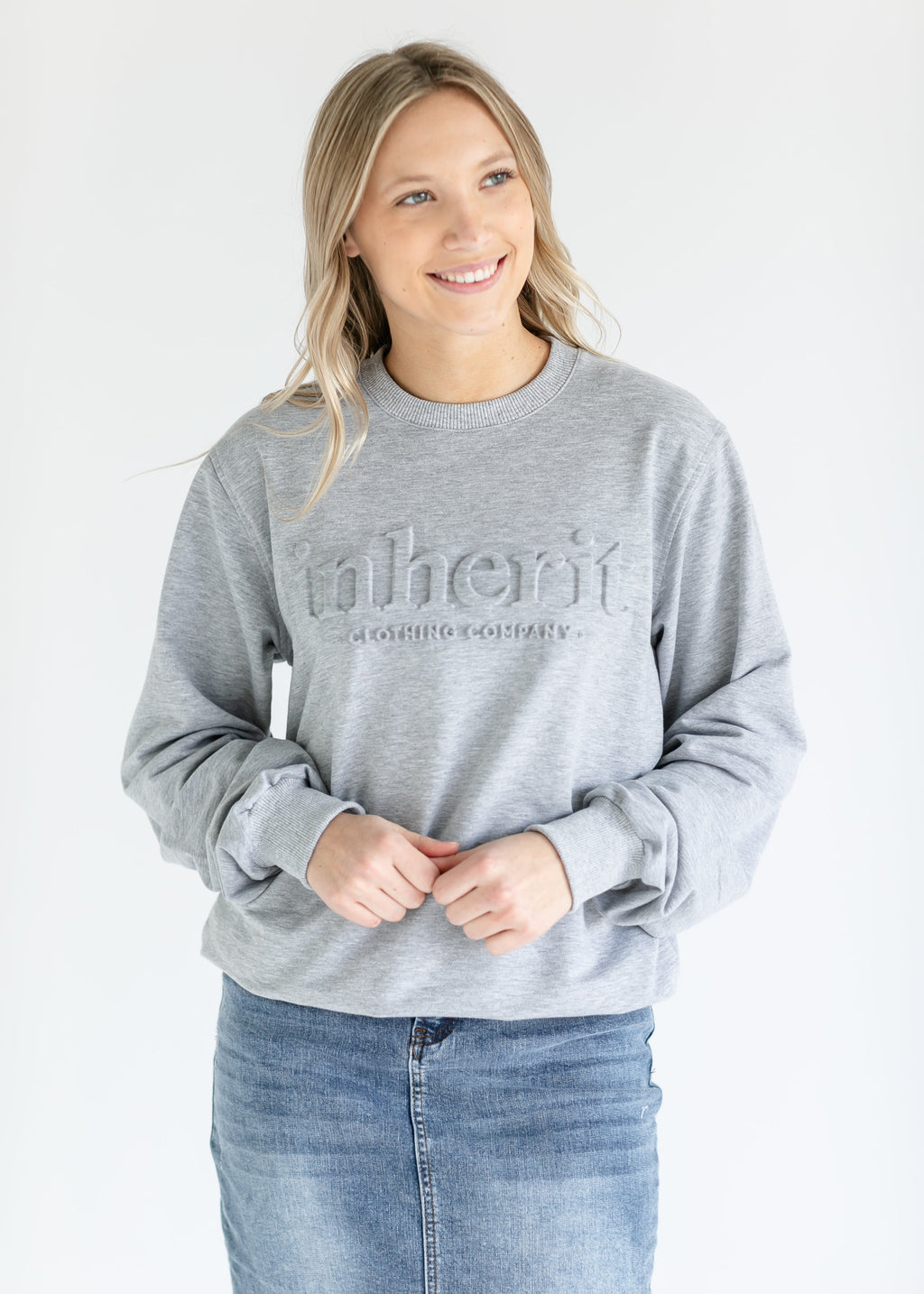 Inherit Co. Embossed Inherit Logo Crewneck Sweatshirt — lifestyle context