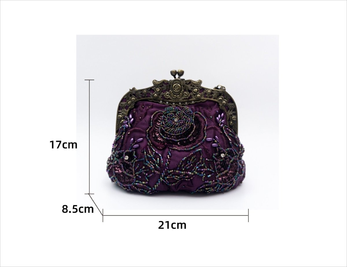 Mariam's Collection Embroidered Rose with Sequins Beads Evening Clutch Bag (MAC291) — flat-lay composition