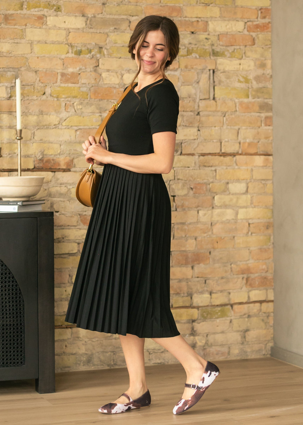 Inherit Co. Emersyn Black Pleated Midi Dress — in-use photo