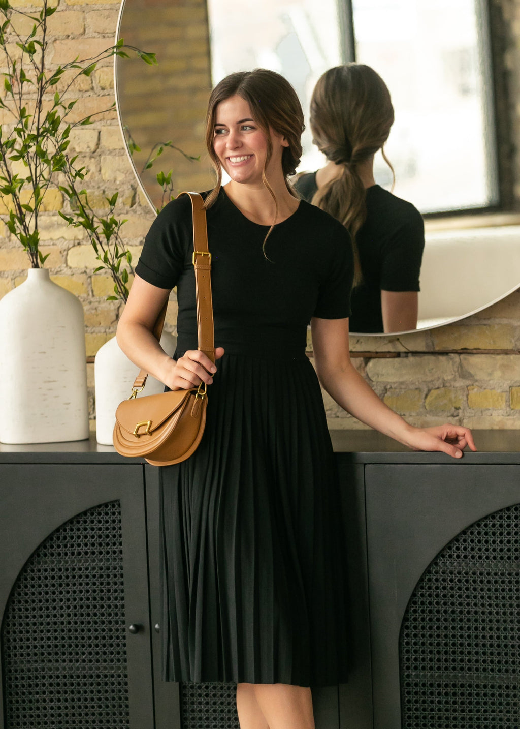 Inherit Co. Emersyn Black Pleated Midi Dress — side view