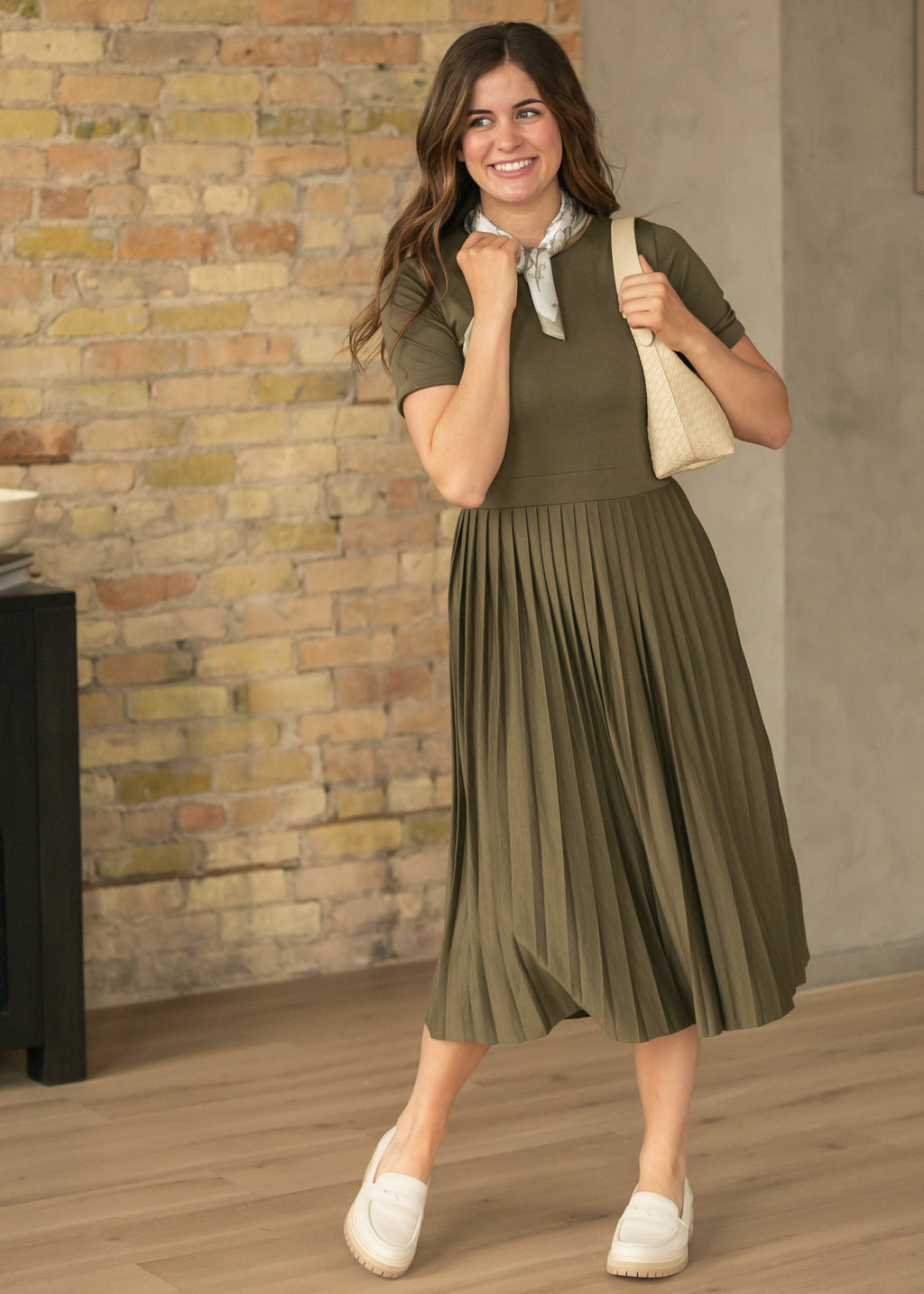Inherit Co. Emersyn Olive Pleated Midi Dress — side view