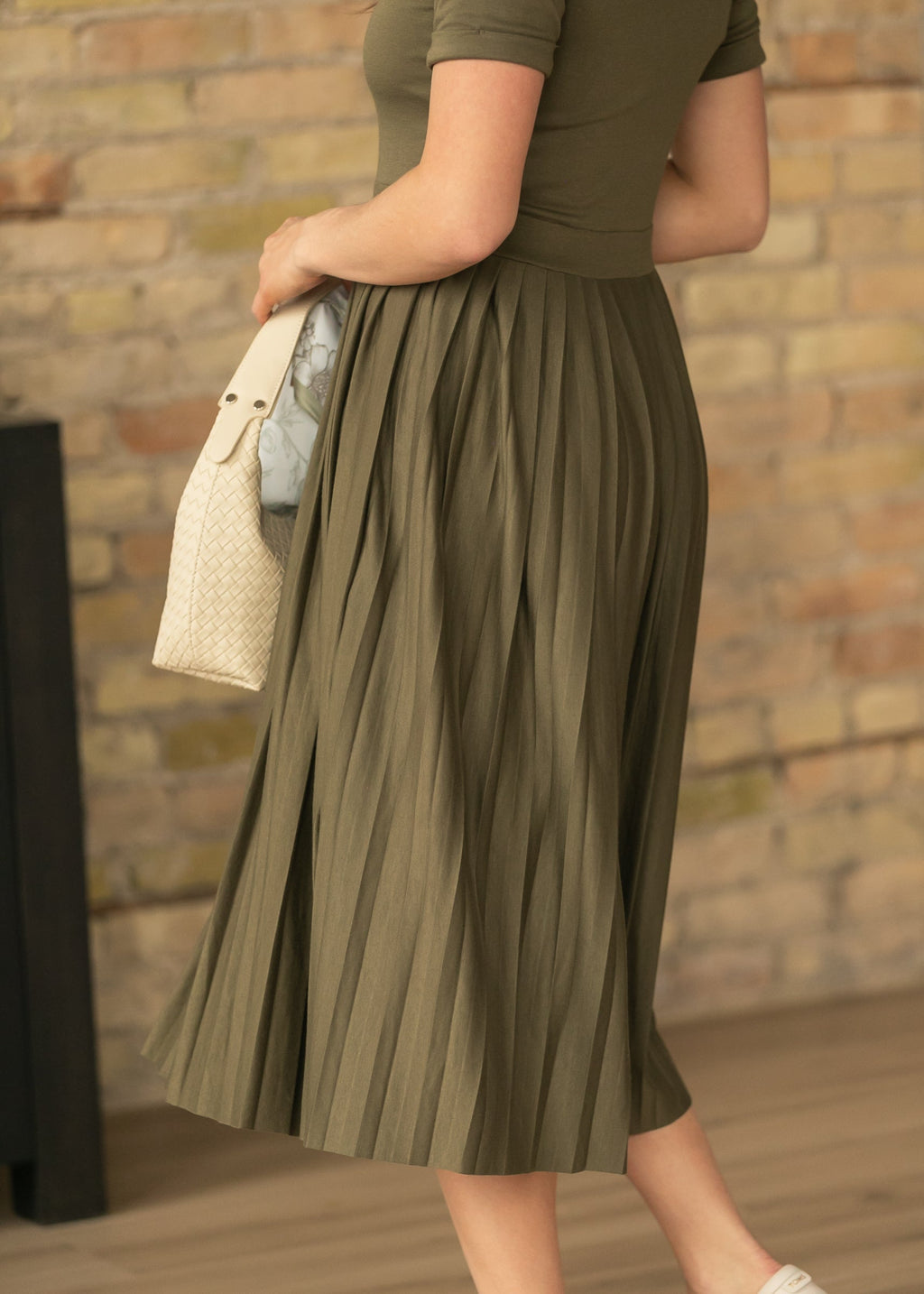 Inherit Co. Emersyn Olive Pleated Midi Dress — alternative angle