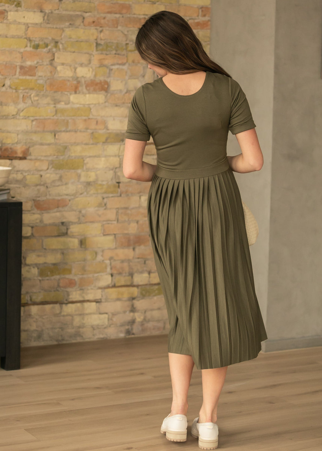 Inherit Co. Emersyn Olive Pleated Midi Dress — in-use photo
