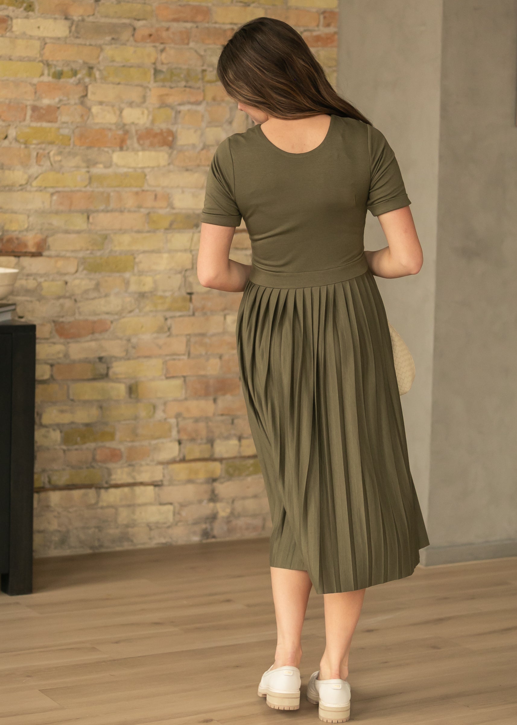 Inherit Co. Emersyn Olive Pleated Midi Dress — in-use photo