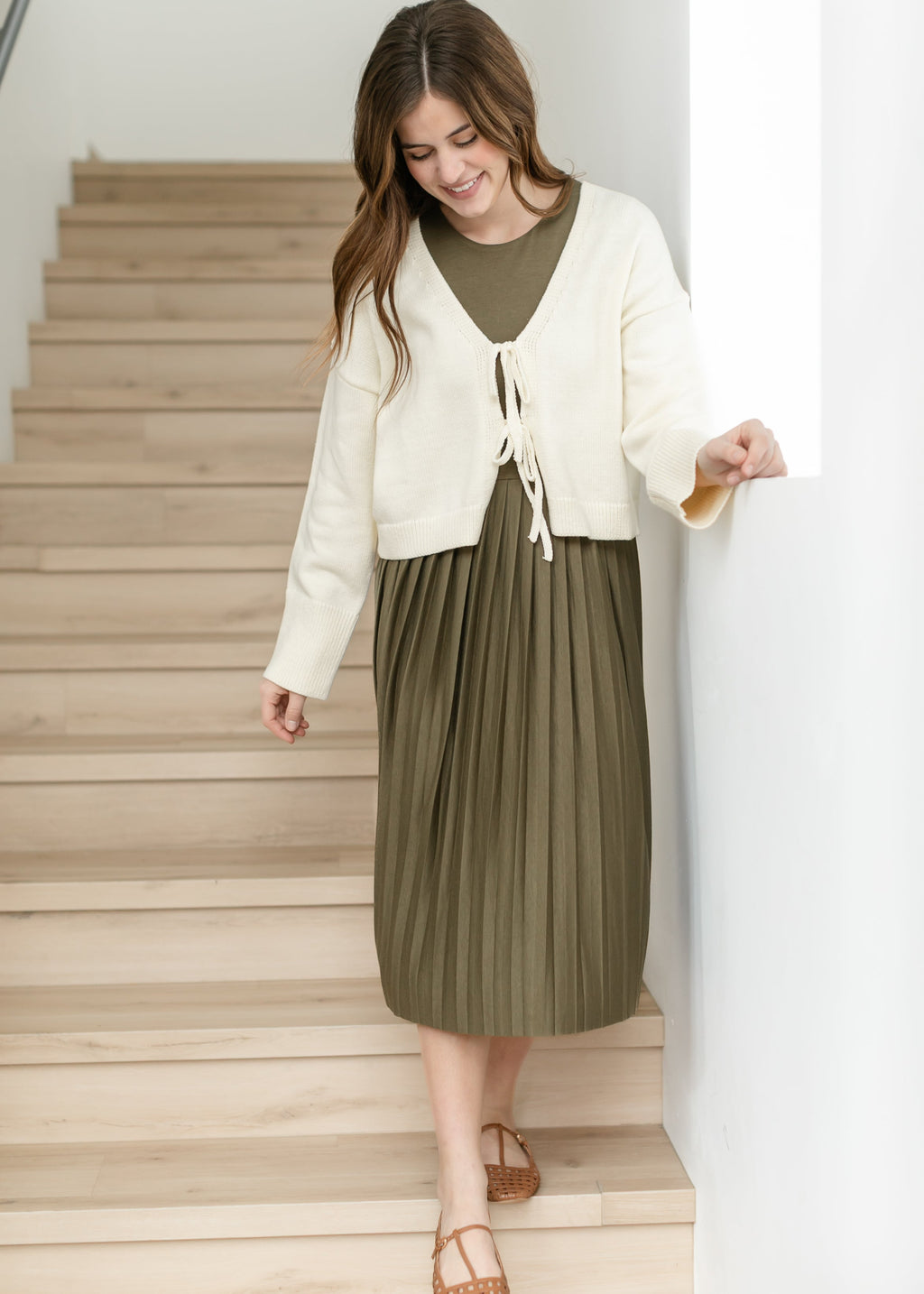 Inherit Co. Emersyn Olive Pleated Midi Dress — size reference