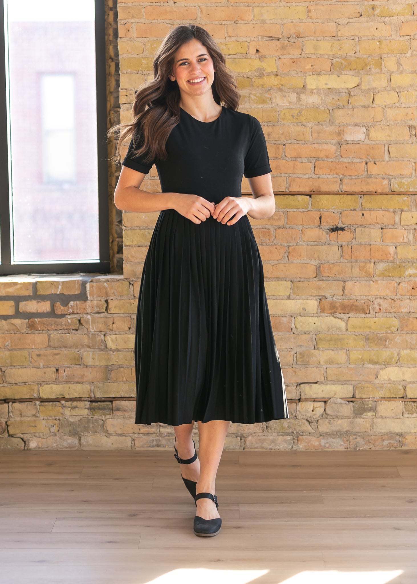 Inherit Co. Emersyn Black Pleated Midi Dress — main product shot