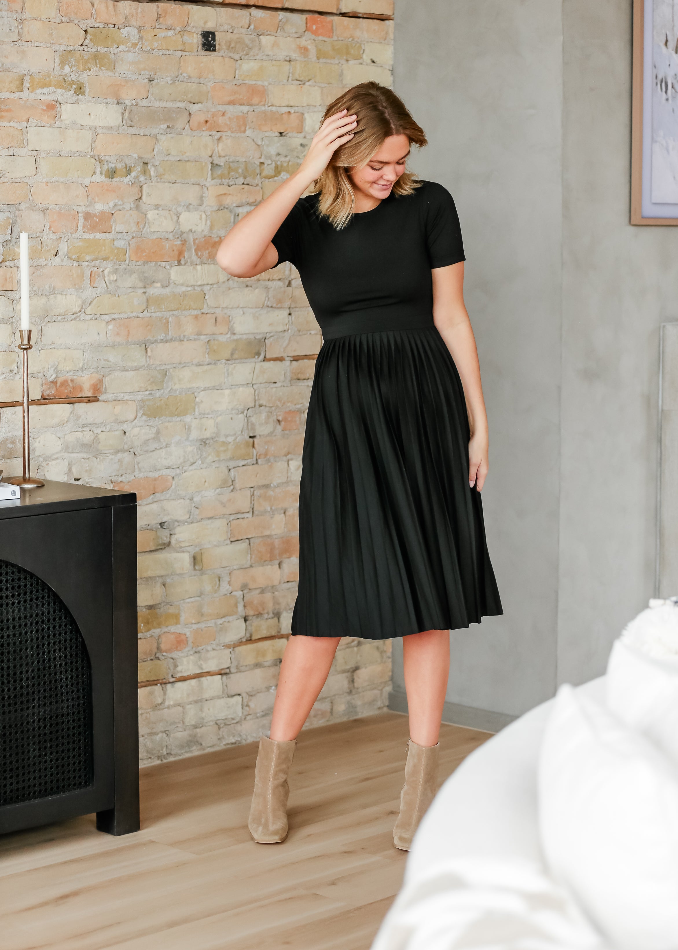 Inherit Co. Emersyn Black Pleated Midi Dress — fabric or material detail