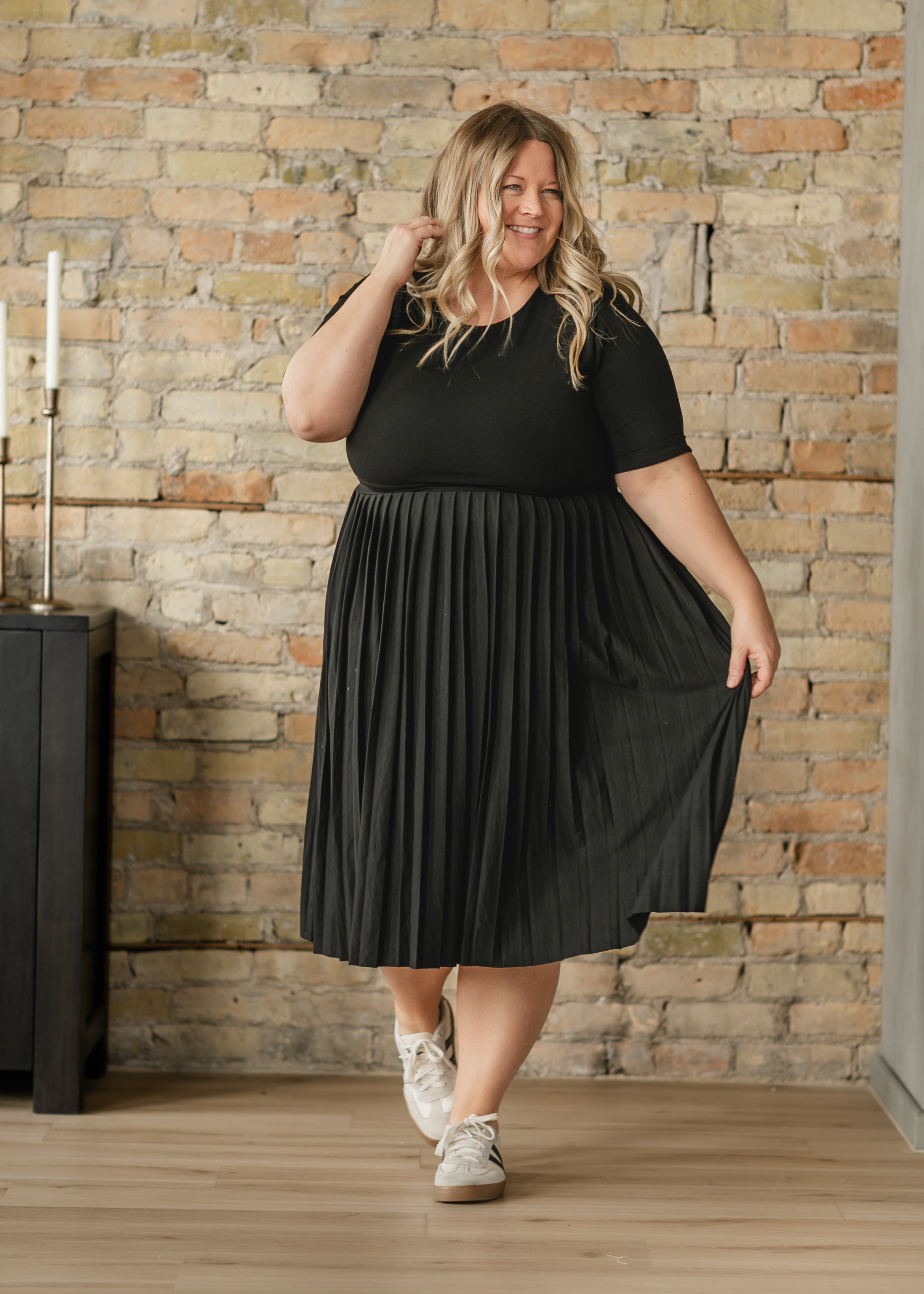 Inherit Co. Emersyn Black Pleated Midi Dress — detail close-up