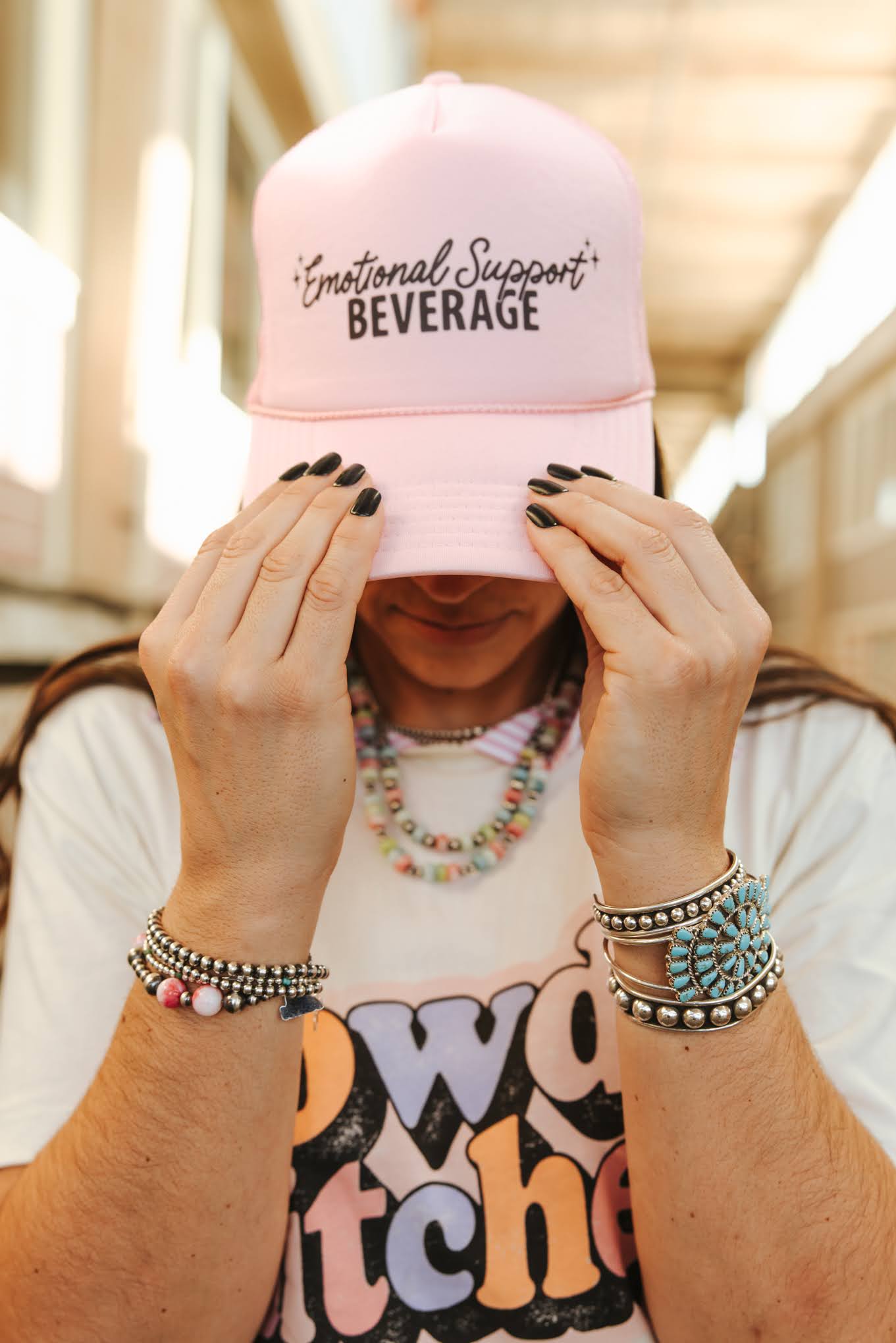 Wild Junkie Emotional Support Beverage Pink Trucker Hat — Pink detail