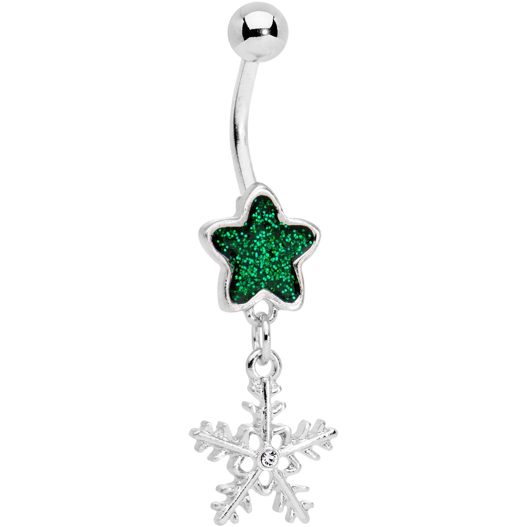 BodyCandy Green Gem Star and Snowflake Dangle Belly Ring — main product shot