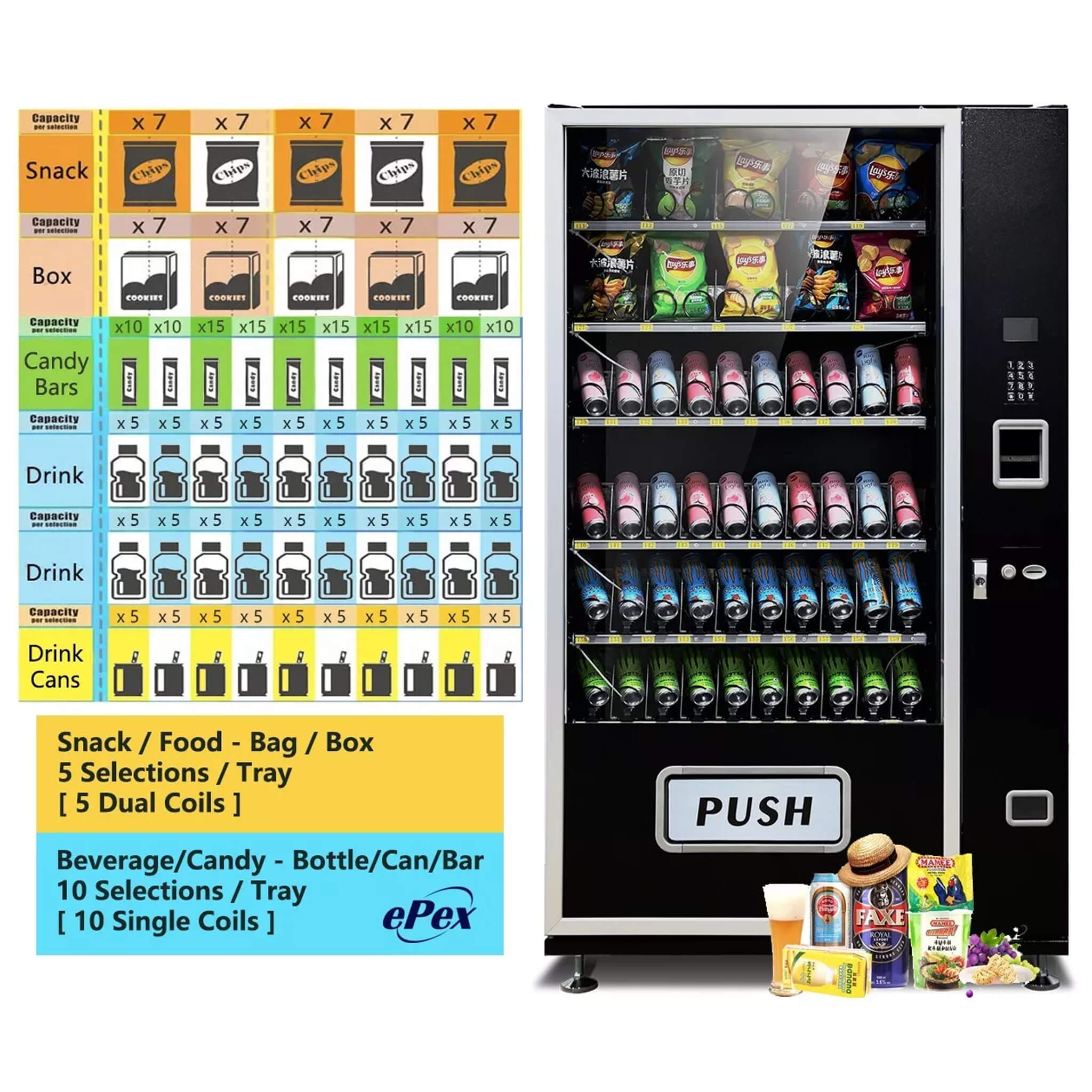 Epx Extra Large 6FT Snacks And Drinks Combo Vending Machine With Dual Zone Refrigeration And Bill Acceptor [EP-G660] (SAK1296