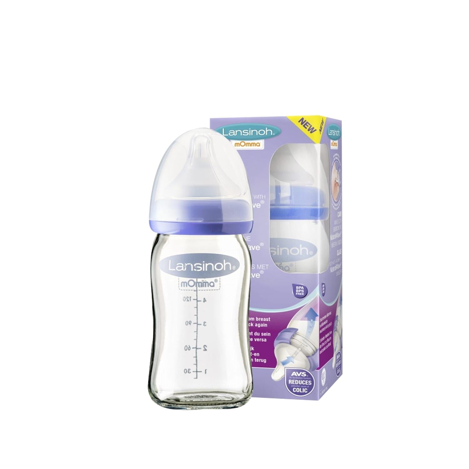 Lansinoh Glass Feeding Bottle 160ml + NaturalWave Bottle Teat Slow Flow
