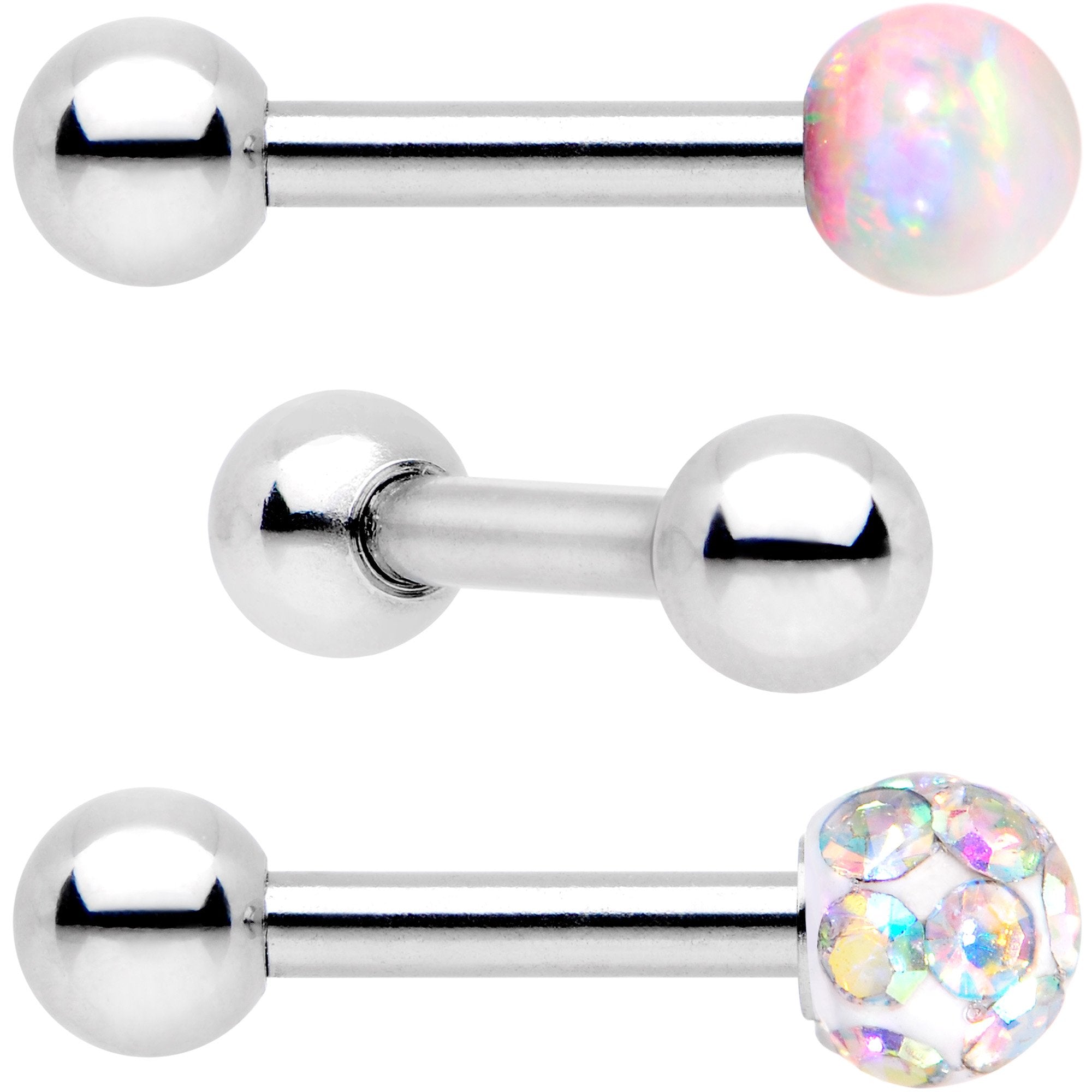 BodyCandy 16G 1/4 White Faux Opal Ball Cartilage Tragus Earring 3 Pack Set — detail and construction