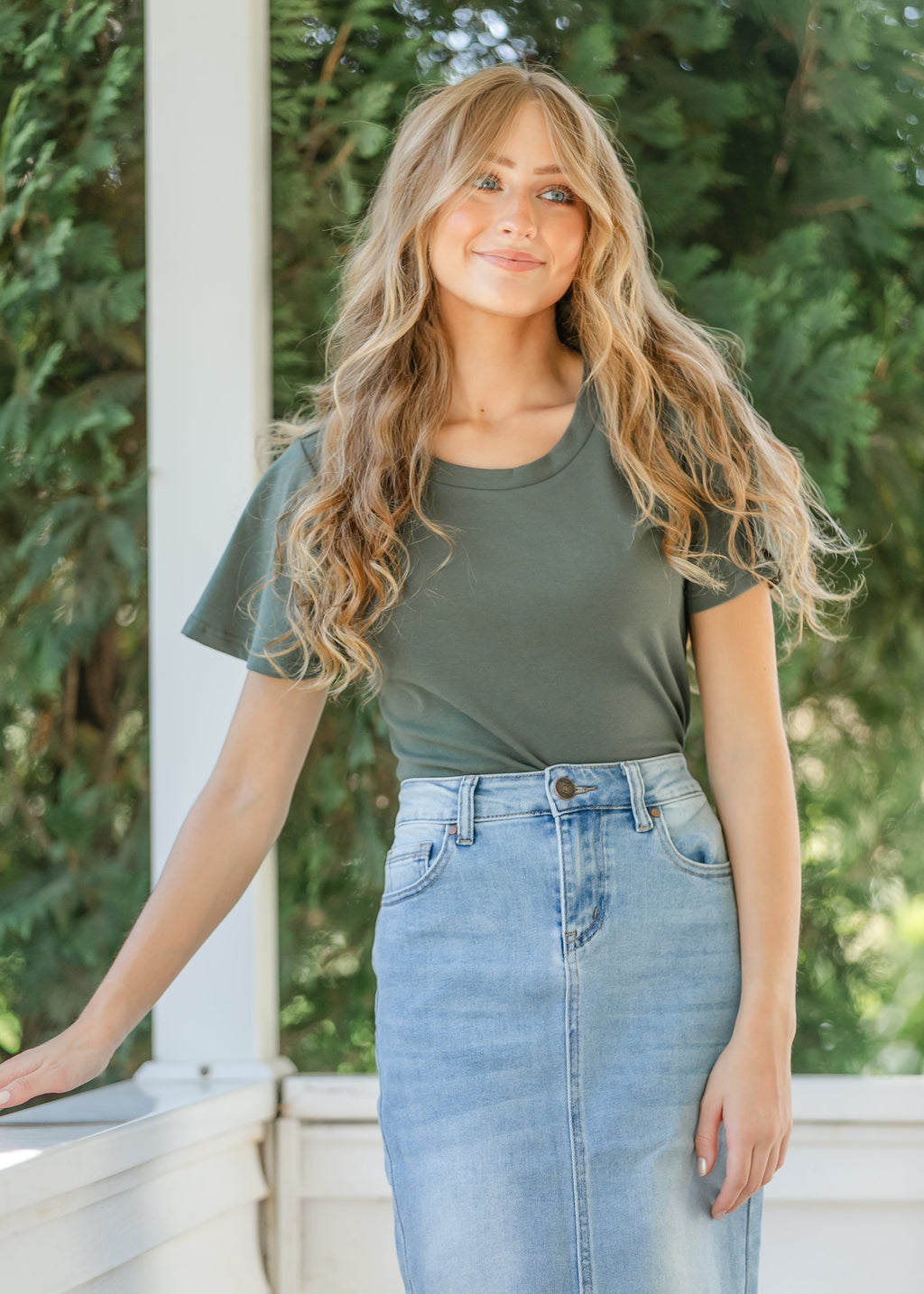 Inherit Co. Essential Olive Flutter Sleeve Top — in-use photo