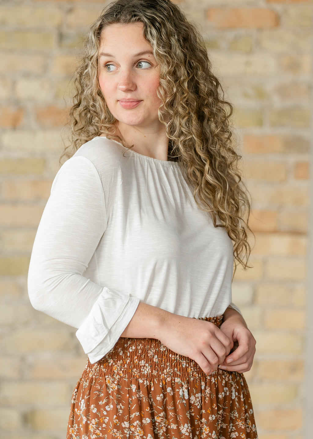 Inherit Co. Essential Ivory Ruffled 3/4 Sleeve Top - FINAL SALE — side view