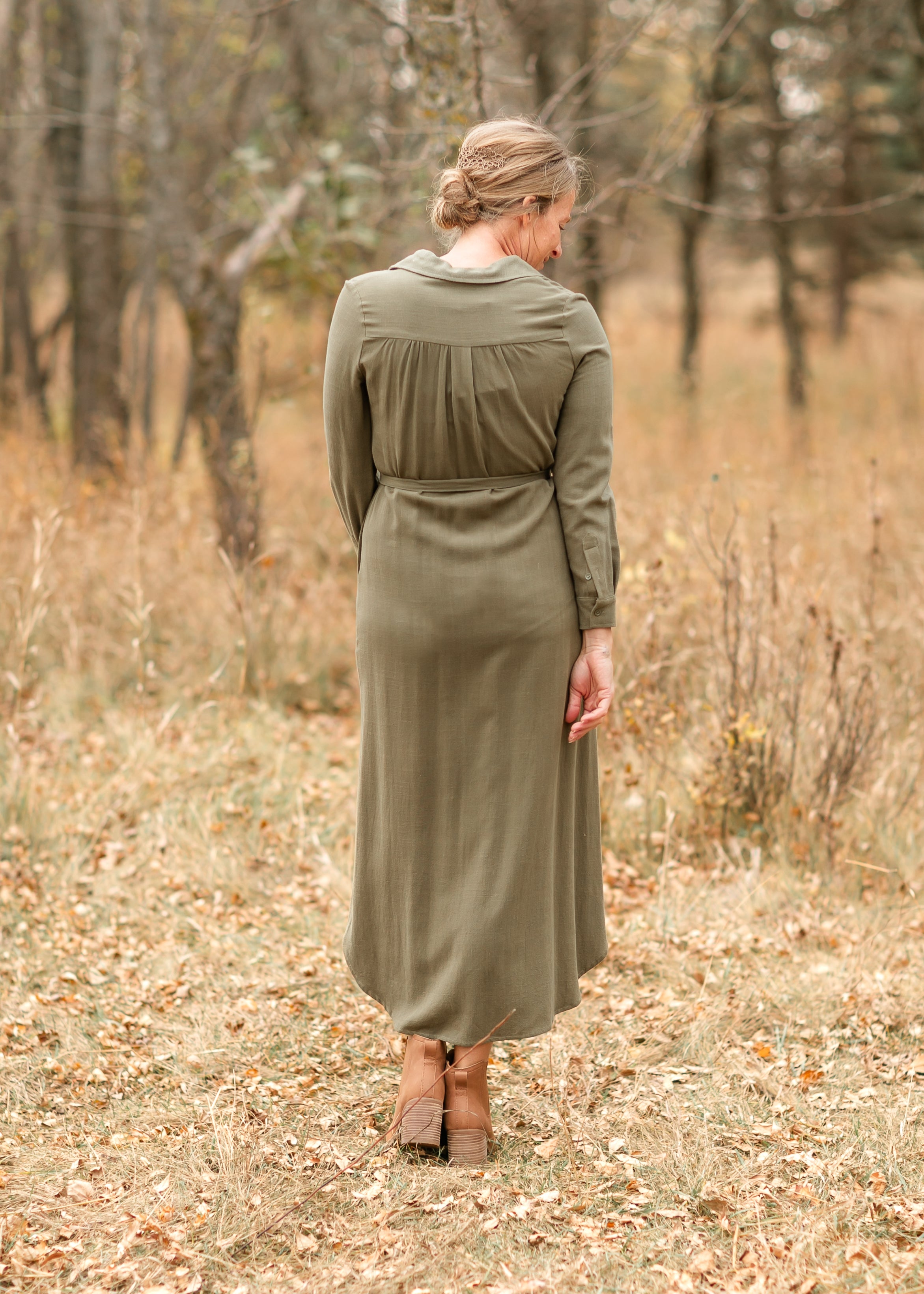Inherit Co. Essential Olive Long Sleeve Linen Shirt Dress — size reference