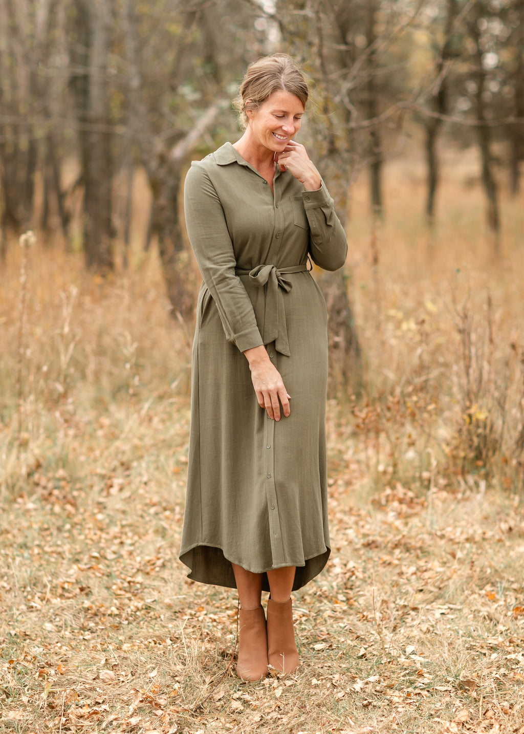Inherit Co. Essential Olive Long Sleeve Linen Shirt Dress — back view