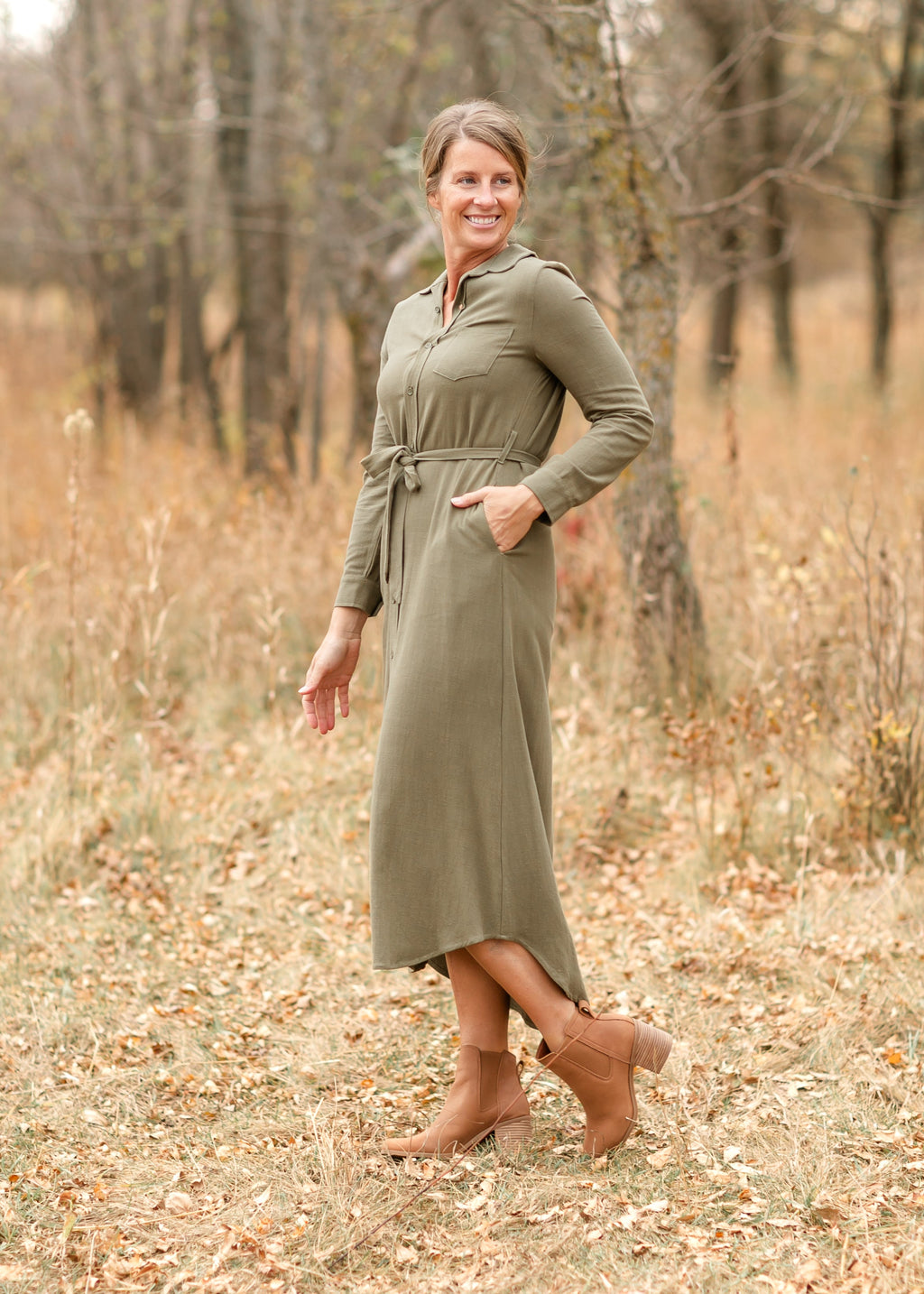 Inherit Co. Essential Olive Long Sleeve Linen Shirt Dress — alternative angle