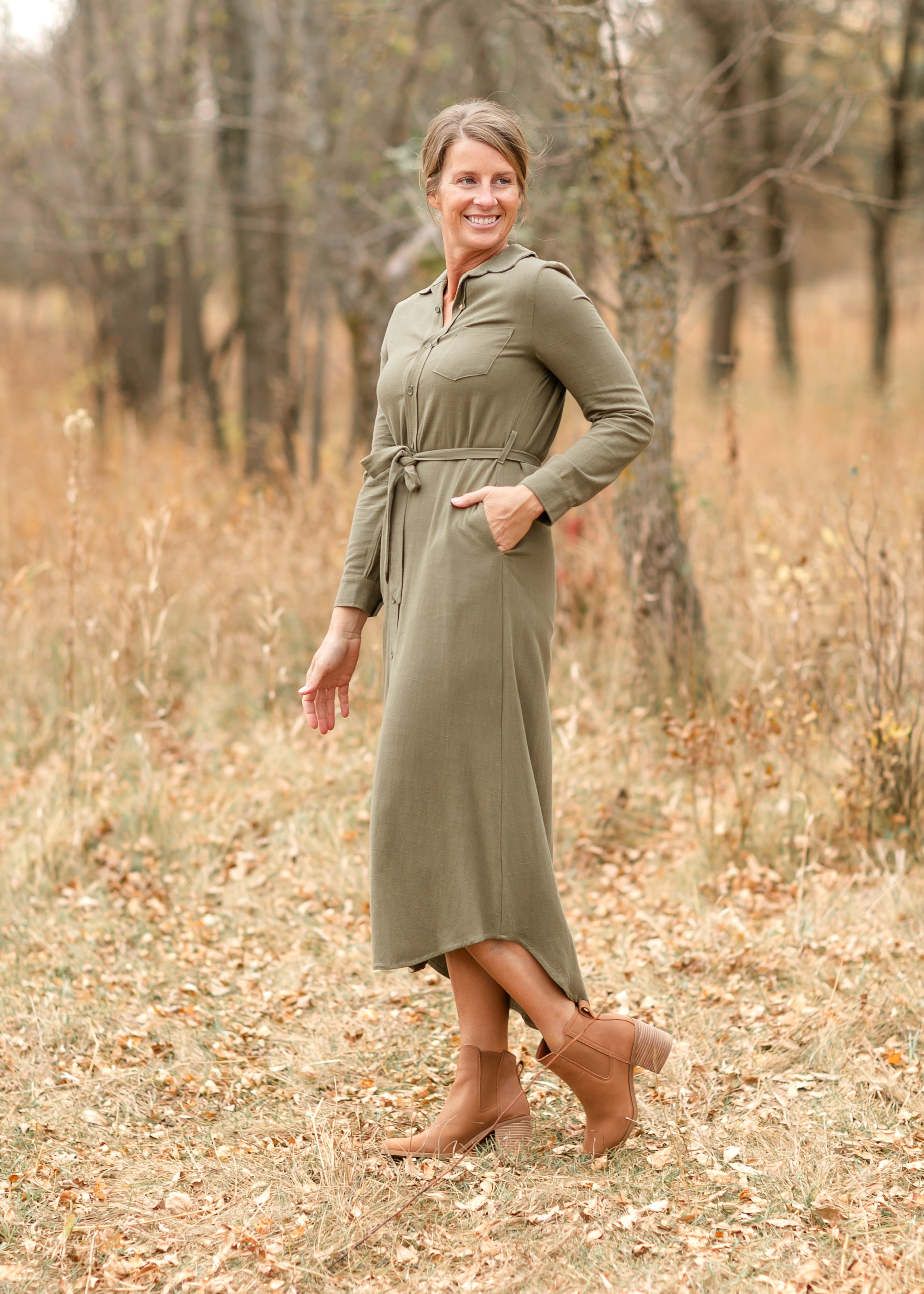 Inherit Co. Essential Olive Long Sleeve Linen Shirt Dress — alternative angle