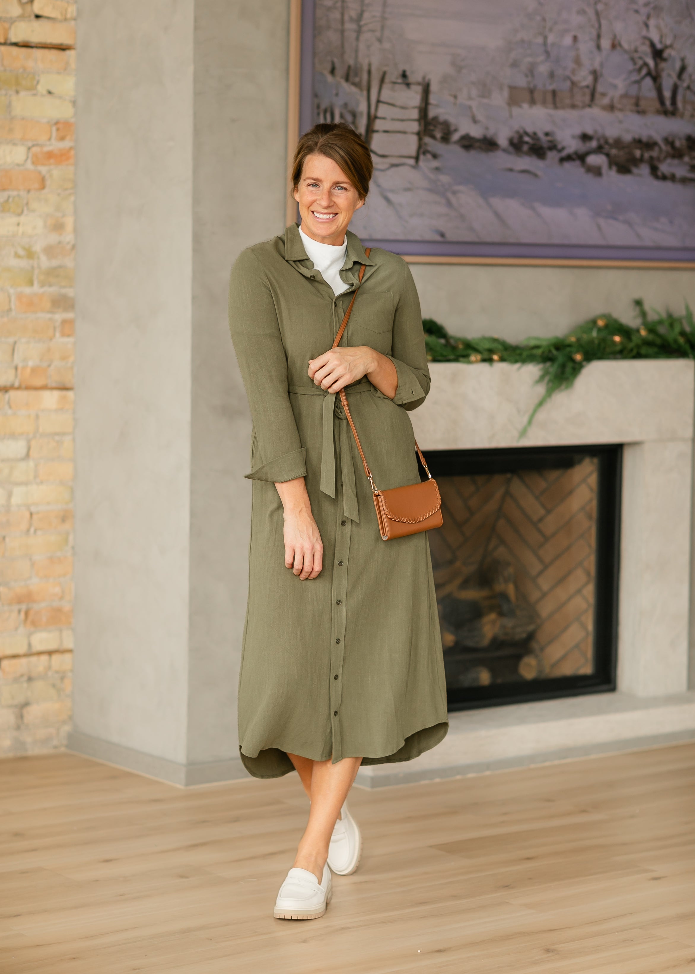 Inherit Co. Essential Olive Long Sleeve Linen Shirt Dress — packaging