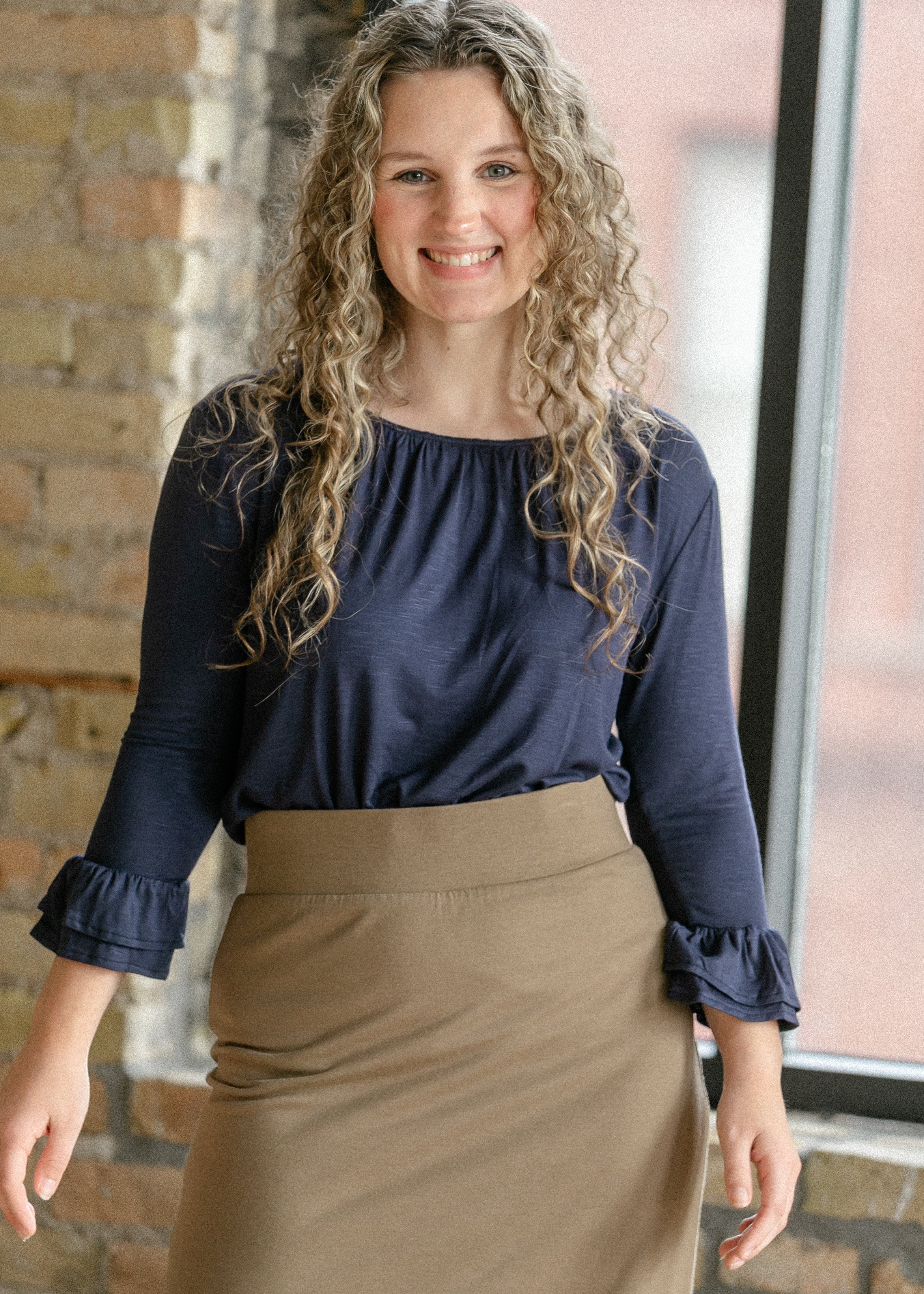 Inherit Co. Essential Navy Ruffled 3/4 Sleeve Top — main product shot