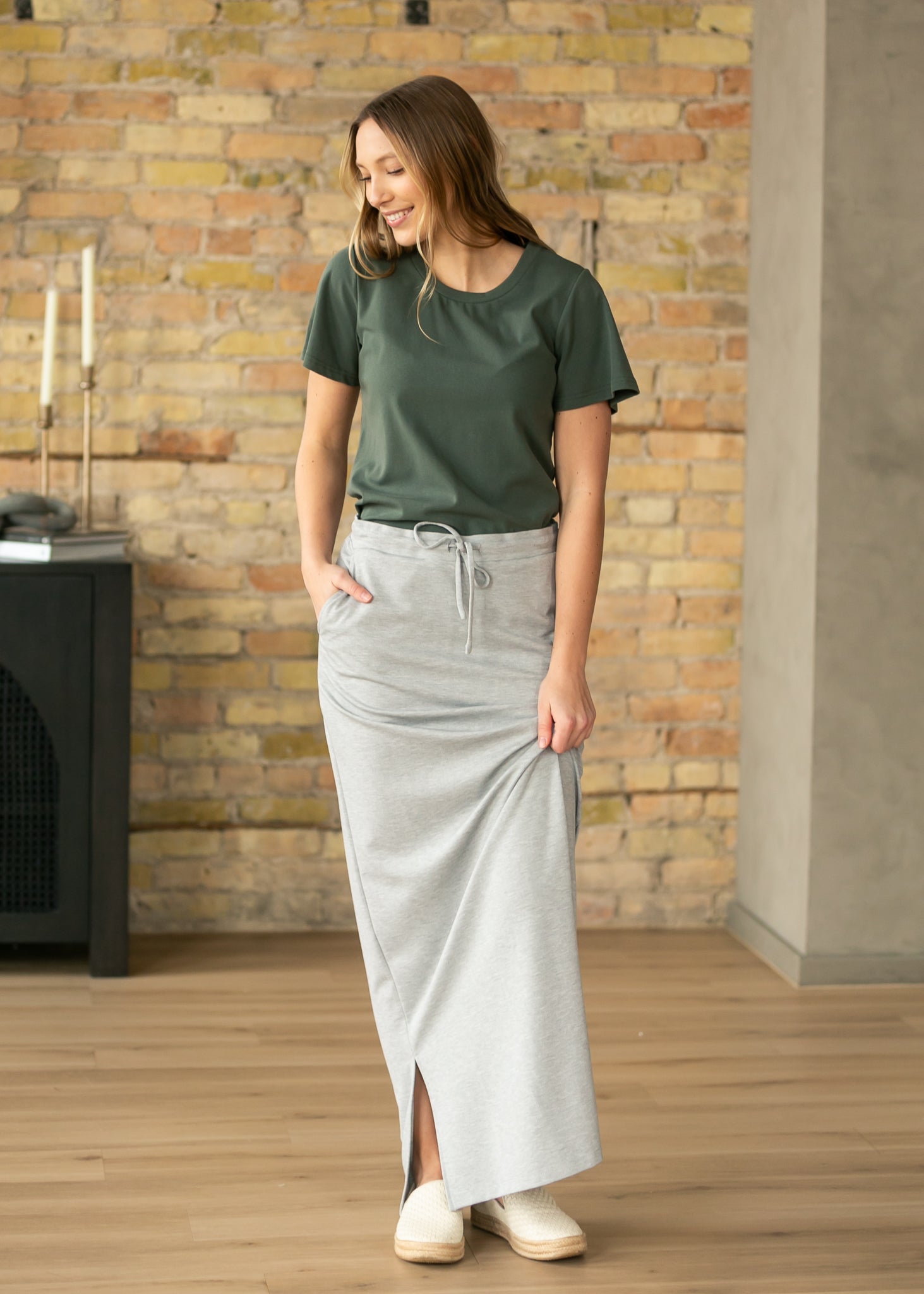 Inherit Co. Essential Olive Flutter Sleeve Top — lifestyle context